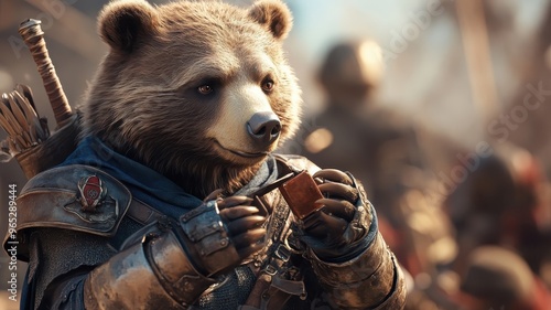 A brown bear in medieval knight armor standing bravely in a historical setting, merging its wild nature with chivalric armor.