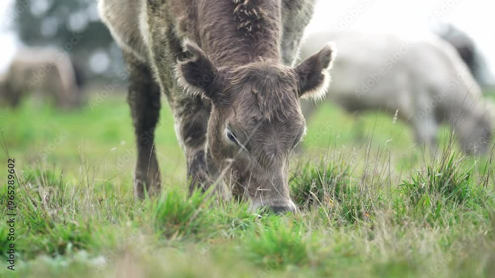 beautiful cattle in Australia eating grass, grazing on pasture. Herd of cows free range beef being regenerative raised on an agricultural farm. Sustainable farming beautiful cattle in Australia eating grass, grazing on pasture. Herd of cows free range beef being regenerative raised on an agricultural farm. Sustainable farming