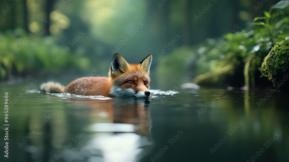 Fototapeta premium A fox swimming in a tranquil forest pond, its reflection shimmering in the water, surrounded by lush greenery and peaceful ambiance.