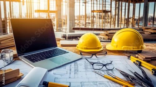 Fototapeta samoprzylepna At a construction site, a workspace displays yellow hard hats, glasses, and drafting tools on a desk, complemented by architectural blueprints and a laptop.