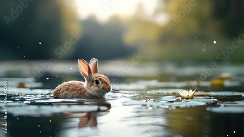 A rabbit swimming in a tranquil forest pond, surrounded by lily pads and shimmering water, enjoying the cool, refreshing environment. photo