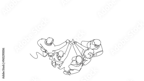 Animated self drawing of continuous line draw top view of group young happy business people unite their hands together to form circle shape symbol. Teamwork concept. Full length single line animation photo