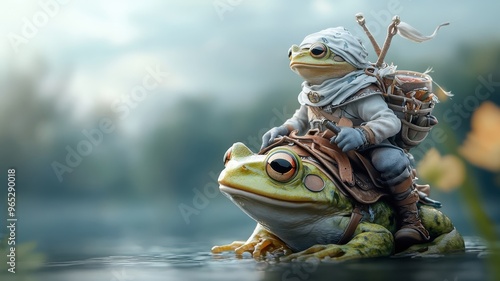 Knight riding a frog in a whimsical fantasy world, a unique and magical steed in an adventurous setting. photo