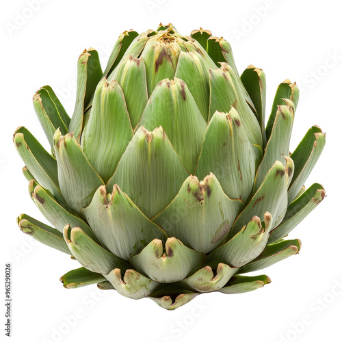 Fresh green artichoke on a white surface highlights its intricate leaves and textures, ideal for cooking or decor