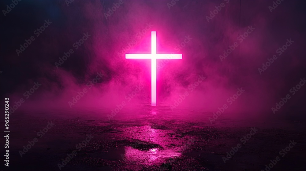 Illuminating Minimalism: A Neon Pink Cross Poster for Sporty Interiors, Radiating Geometric Simplicity Amid Dark Haze Illuminating Minimalism: A Neon Pink Cross Poster for Sporty Interiors, Radiating Geometric Simplicity Amid Dark Haze