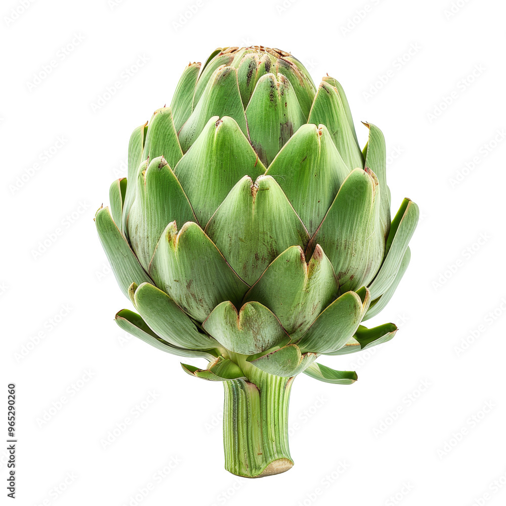 Fresh artichoke with green leaves displayed on a neutral background, showcasing its unique shape and texture Fresh artichoke with green leaves displayed on a neutral background, showcasing its unique shape and texture