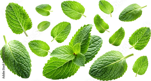 Canvastavla Mint leaves flying in air isolated
