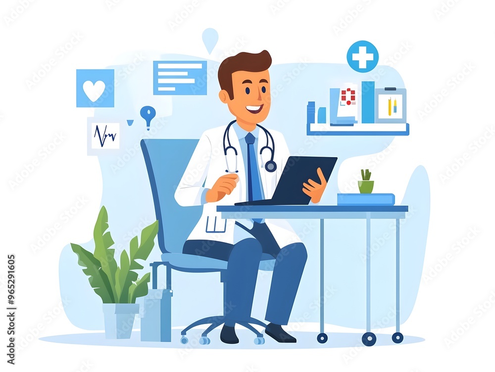 Doctor using laptop in office. Doctor using laptop in office.