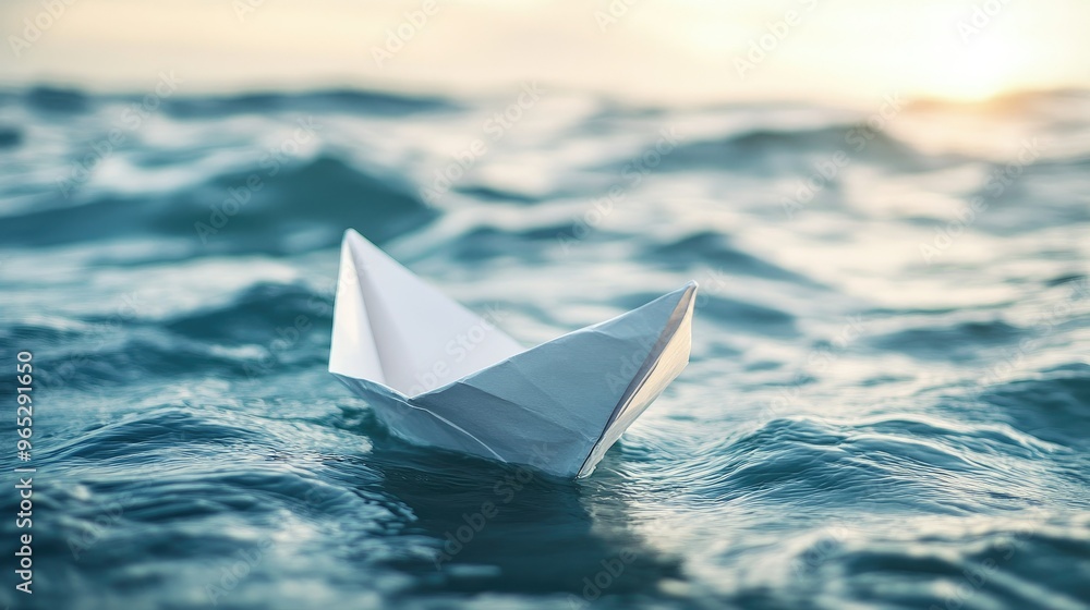 Obraz premium Closeup of a white paper boat drifting on the surface of the sea, surrounded by gentle waves.