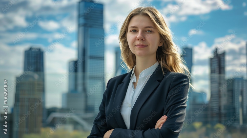 Confident woman in a business suit posing against a city skyline Confident woman in a business suit posing against a city skyline