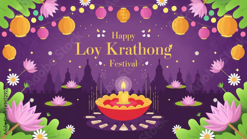 Happy Loy Krathong Festival with Candle Lanterns and Floating Krathongs