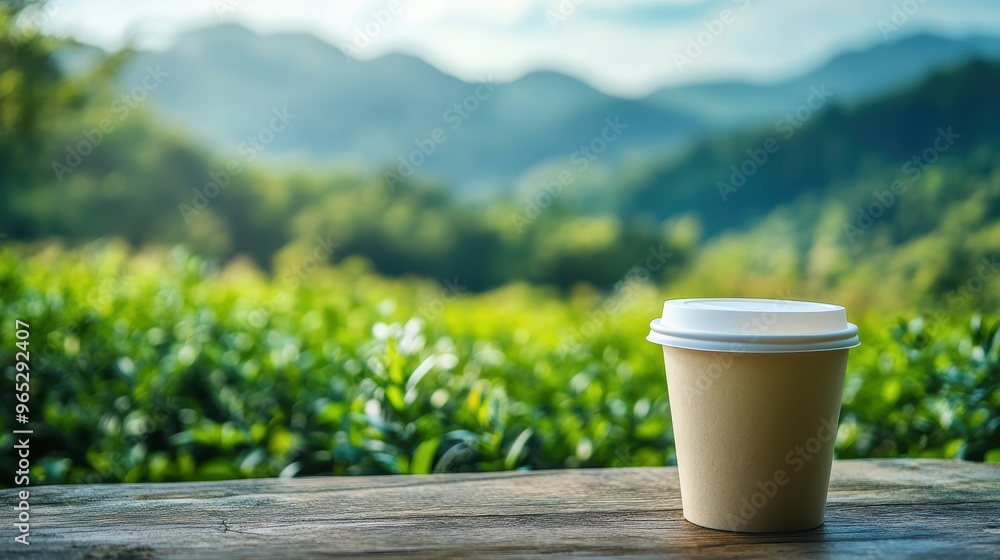 Coffee Cup on Wooden Table with Mountain View. Coffee Cup on Wooden Table with Mountain View.