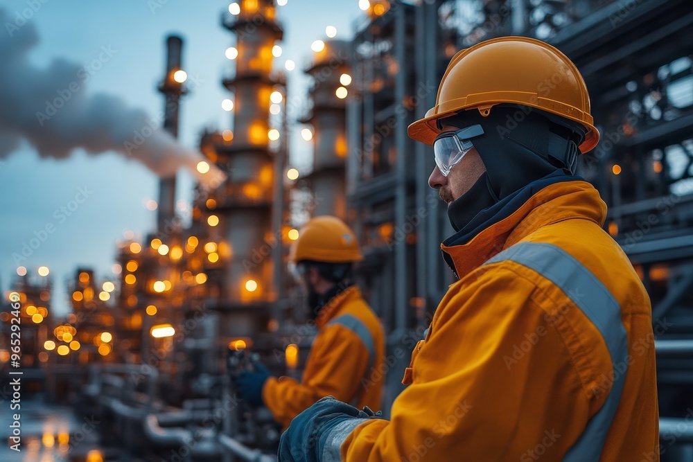 Industrial Workers in Refinery at Night Industrial Workers in Refinery at Night