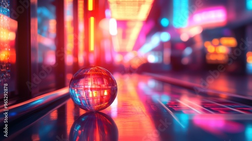 Wallpaper Mural Glass Ball Reflecting Neon Lights in City. Torontodigital.ca