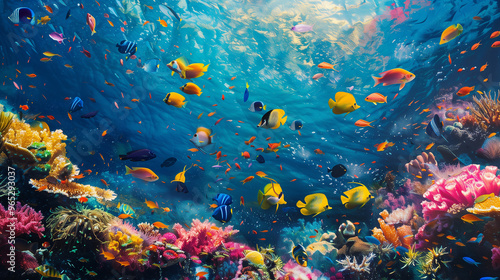 A vibrant underwater scene teeming with colorful fish and coral reefs. The image captures the beauty and diversity of marine life in a pristine coral reef ecosystem, generative ai photo