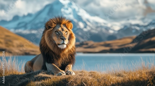 Majestic Lion in Mountain Landscape.