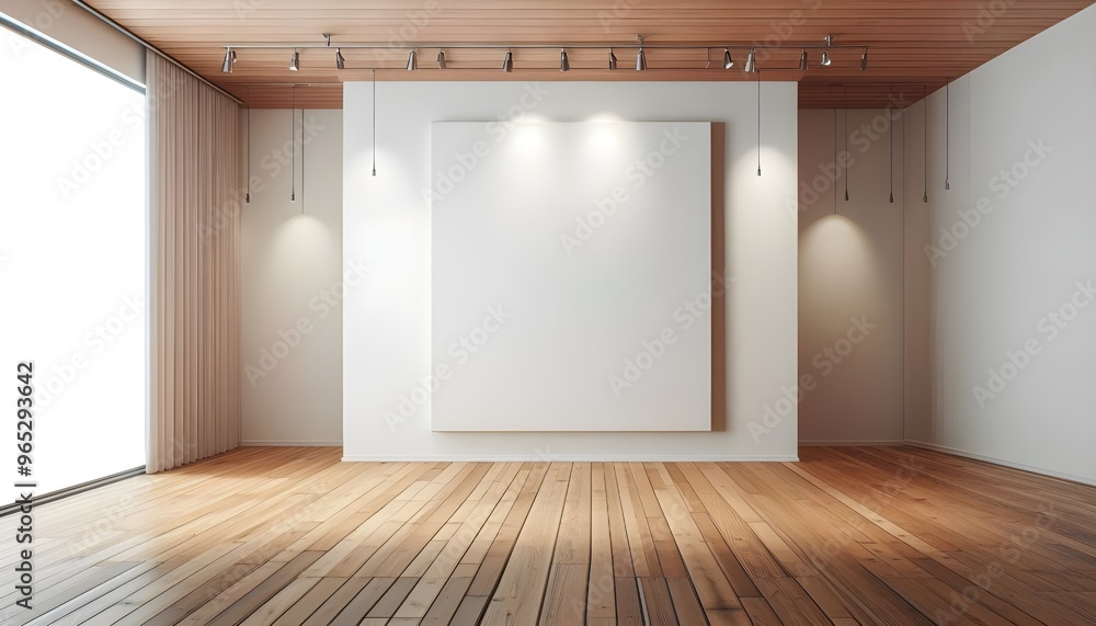 Blank white canvas in gallery room with wooden floor. 3D Rendering Blank white canvas in gallery room with wooden floor. 3D Rendering