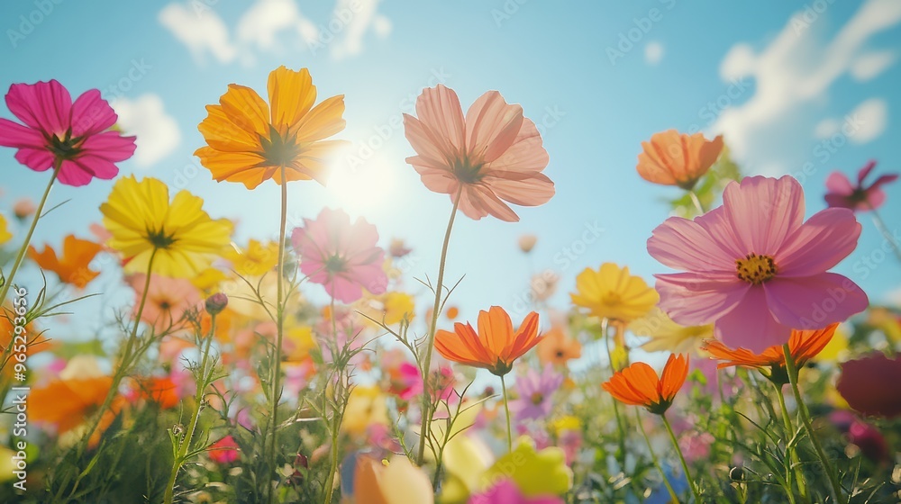 Colorful Cosmos Flowers in a Field. Colorful Cosmos Flowers in a Field.