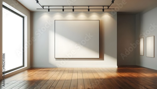 Blank white canvas in gallery room with wooden floor. 3D Rendering