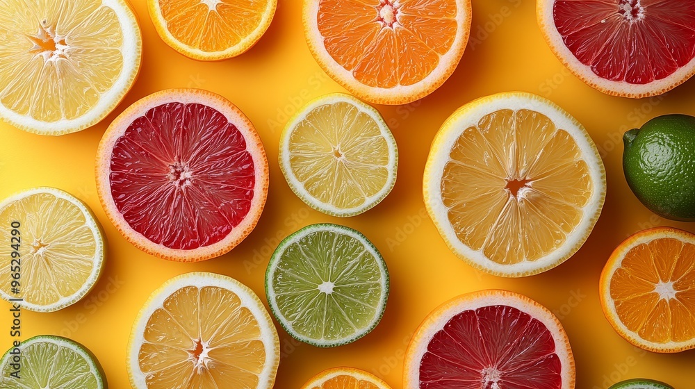 Fototapeta premium Fresh Citrus Fruit Slices on Yellow Background