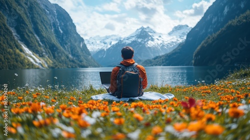 Man working on a laptop in a beautiful mountain landscape.