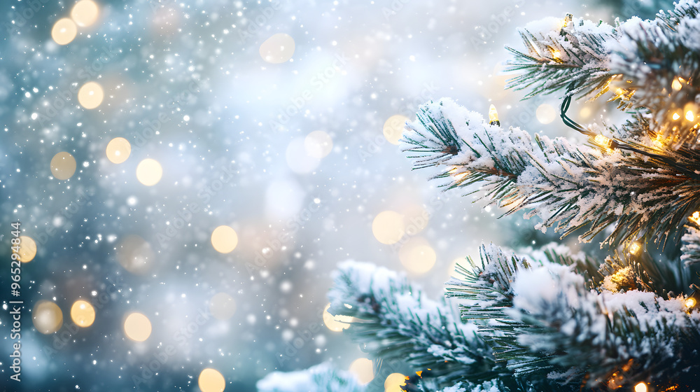 Christmas background. Xmas tree with snow decorated with garland lights, holiday festive background. Widescreen frame backdrop. New year Winter art design, Christmas scene wide screen holiday border Christmas background. Xmas tree with snow decorated with garland lights, holiday festive background. Widescreen frame backdrop. New year Winter art design, Christmas scene wide screen holiday border