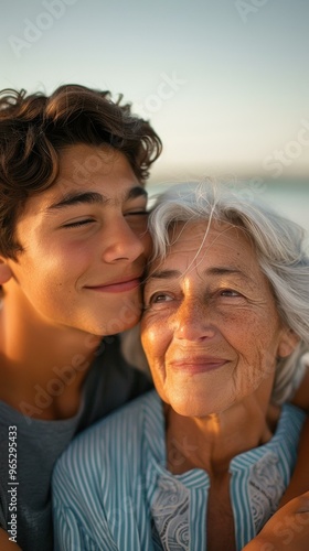 A young man and an older woman share a tender moment together. AI.