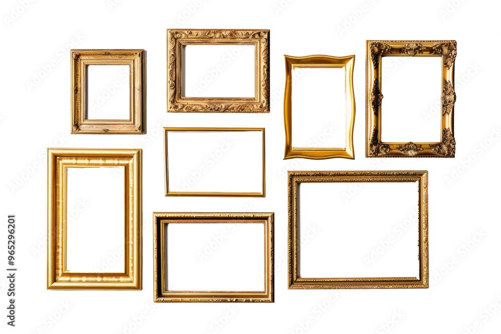 Set of minimalistic golden frames, arranged in a row on a white background Set of minimalistic golden frames, arranged in a row on a white background