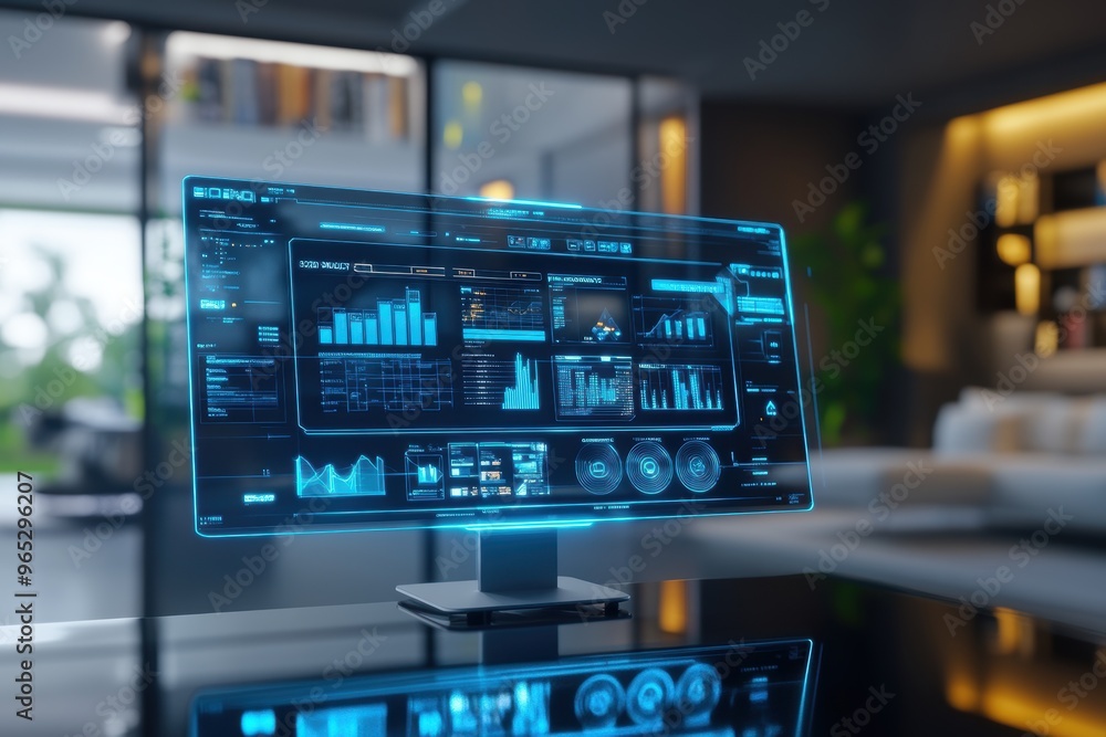 A sleek, modern home featuring holographic control panels for smart home management, showcasing futuristic home tech. A sleek, modern home featuring holographic control panels for smart home management, showcasing futuristic home tech.