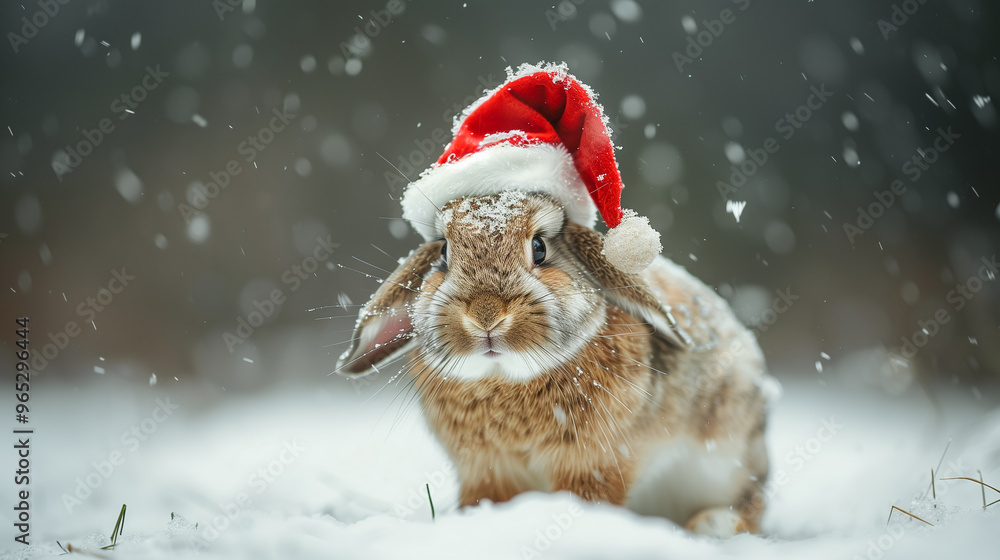 Adorable bunny wearing a Santa hat sitting in the snow with a festive bokeh background, generative ai Adorable bunny wearing a Santa hat sitting in the snow with a festive bokeh background, generative ai