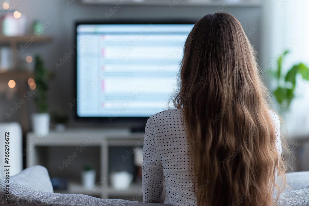 A woman with long hair is sitting on a couch in front of a television A woman with long hair is sitting on a couch in front of a television