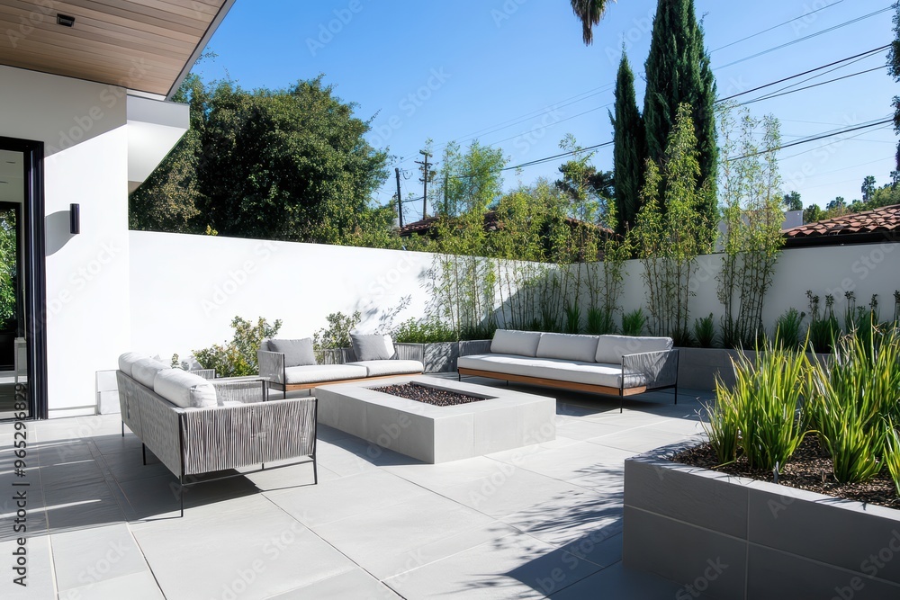Modern Patio with Fire Pit and Lush Greenery. Modern Patio with Fire Pit and Lush Greenery.