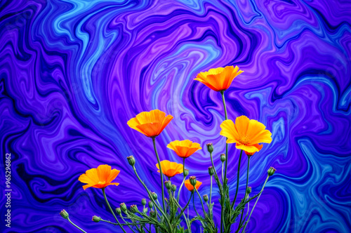 Vibrant California Poppies on a Psychedelic Background photo