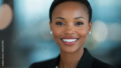 A confident businesswoman smiles warmly at her desk in a well-lit office space, showcasing her professional demeanor and positivity