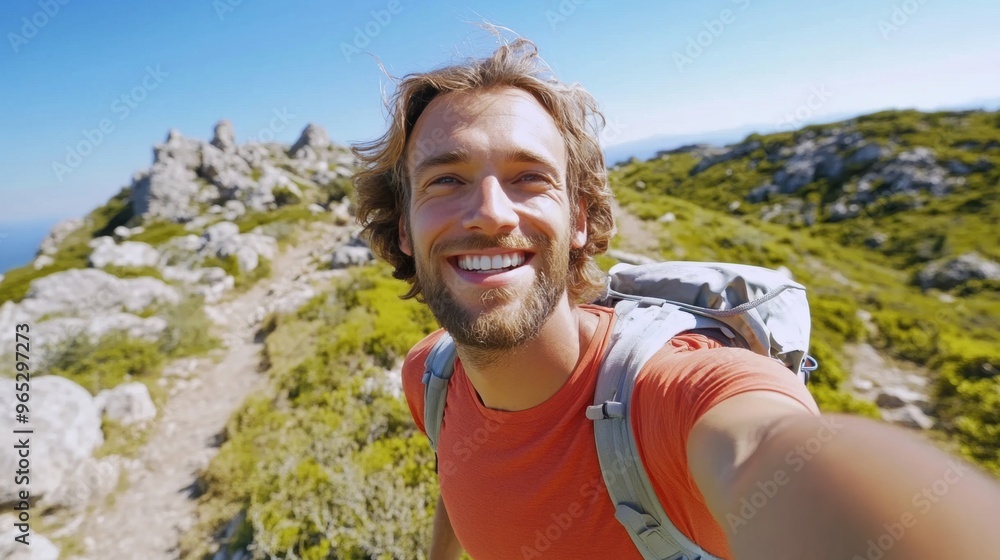 A happy hiker enjoys a sunny day on a mountain trail while taking a cheerful selfie amidst scenic views and rocky formations A happy hiker enjoys a sunny day on a mountain trail while taking a cheerful selfie amidst scenic views and rocky formations