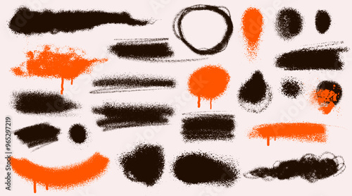 Set of spray graffiti elements, paint stains. Splatter brush drip freehand kit, urban street black grunge. Spray graffiti splash. Vector hand writing stain splash, dirty messy airy ink stroke, circles