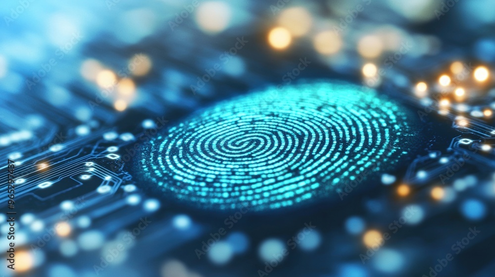 A digital fingerprint pattern is illuminated on a blue circuit board, representing cutting-edge identification technology and security systems A digital fingerprint pattern is illuminated on a blue circuit board, representing cutting-edge identification technology and security systems