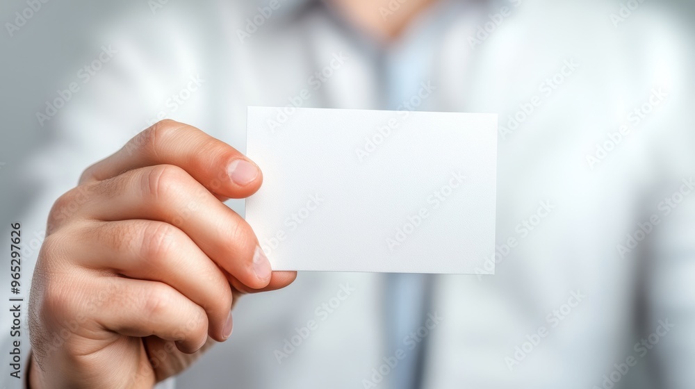 A hand is presenting a blank white business card, emphasizing potential for personalization in a corporate environment A hand is presenting a blank white business card, emphasizing potential for personalization in a corporate environment