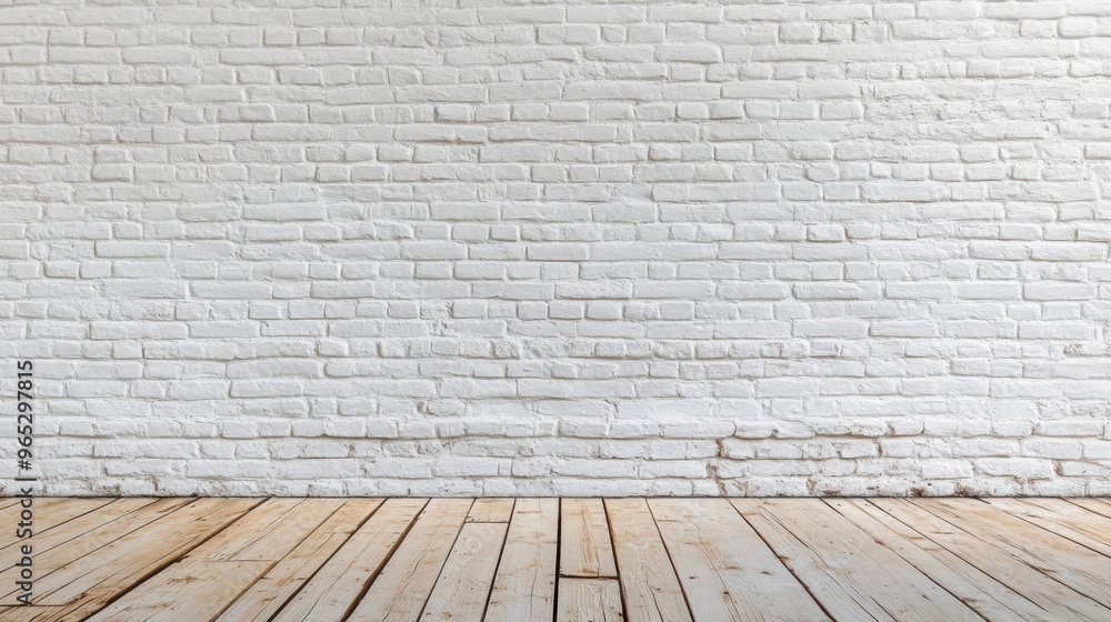 An empty space showcasing a crisp white brick wall paired with a warm wooden floor, ideal for various uses or creative projects An empty space showcasing a crisp white brick wall paired with a warm wooden floor, ideal for various uses or creative projects