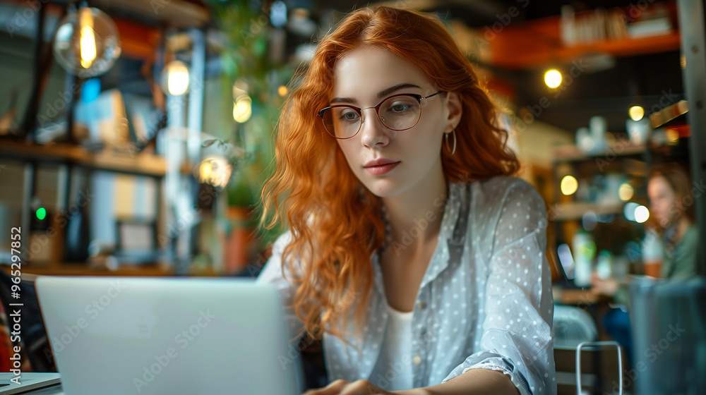 A focused woman with red hair and glasses working on her laptop in a cozy office space. The background features warm lighting and an inviting, modern environment, generative ai A focused woman with red hair and glasses working on her laptop in a cozy office space. The background features warm lighting and an inviting, modern environment, generative ai
