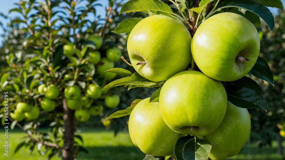 Fresh apples on tree with apple orchard background. Fresh apples on tree with apple orchard background.