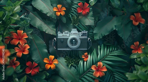 Photo Vintage Camera in Flowers and Plants Background

 photo