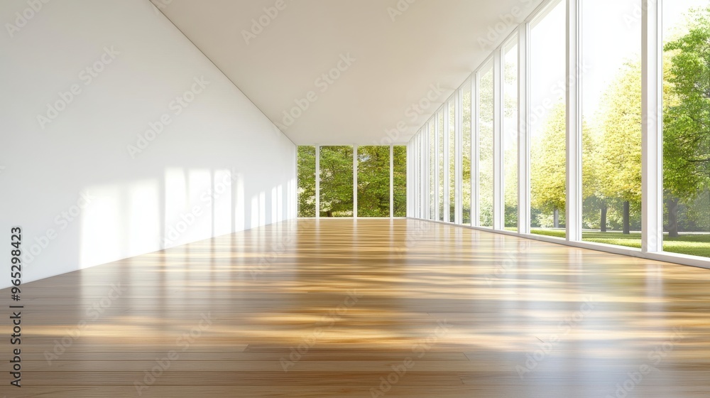 Fototapeta premium Spacious modern gallery with floor-to-ceiling windows park view