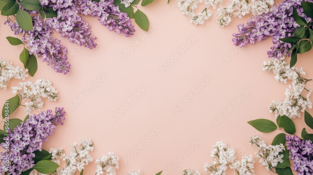 Delicate purple and white flowers form a charming frame surrounding a light pink backdrop, creating a vibrant and lively display Delicate purple and white flowers form a charming frame surrounding a light pink backdrop, creating a vibrant and lively display