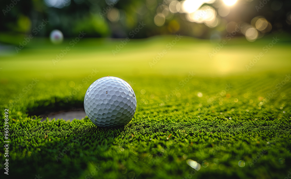 Obraz premium Golf ball on green grass with sunrise in the background, generative ai