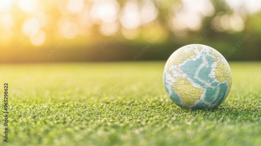 A globe featuring North America is placed on lush green grass, illuminated by warm sunlight during early morning hours A globe featuring North America is placed on lush green grass, illuminated by warm sunlight during early morning hours