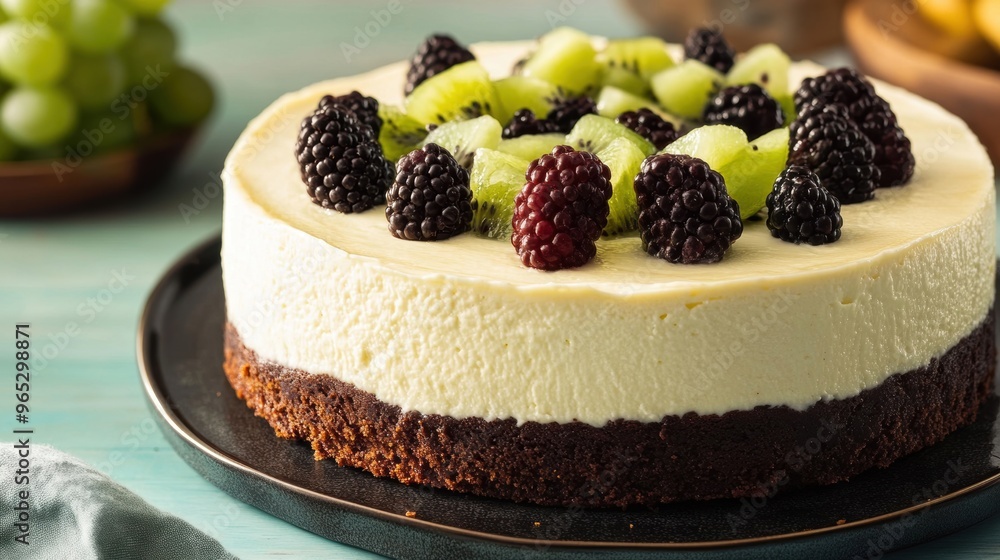 A delicious cheesecake topped with blackberries and kiwi sits on a rustic table, perfect for a summer gathering or celebration A delicious cheesecake topped with blackberries and kiwi sits on a rustic table, perfect for a summer gathering or celebration