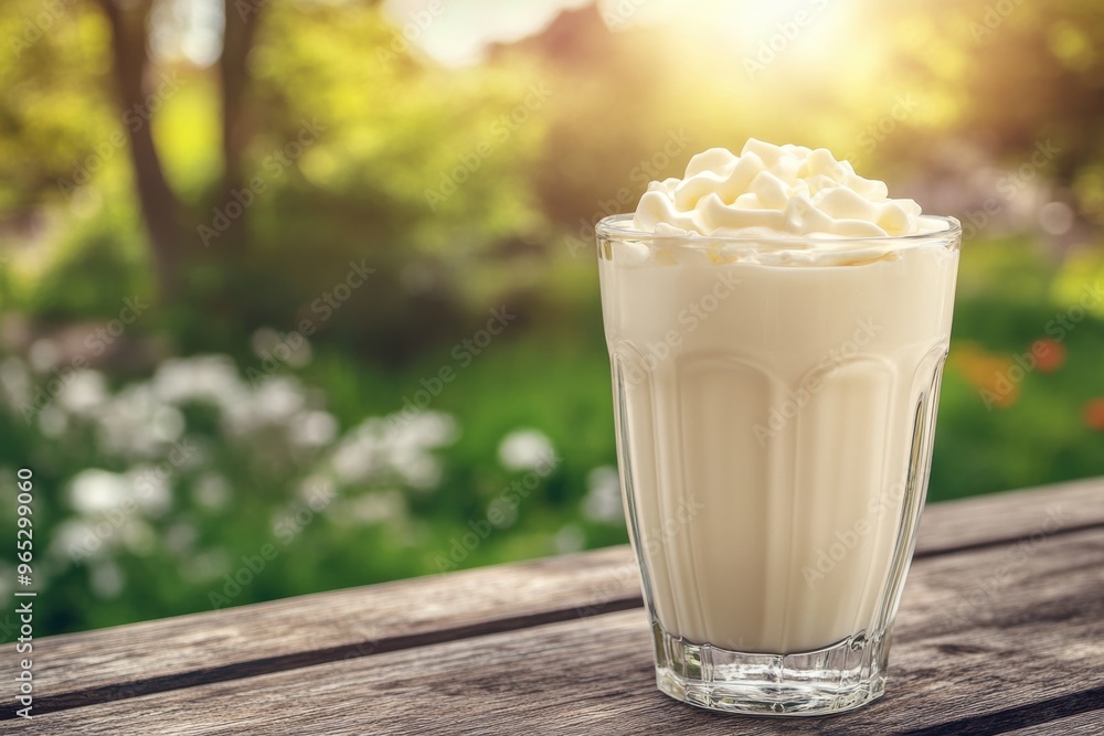 Sunny garden view with fresh whipped cream-topped milkshake Sunny garden view with fresh whipped cream-topped milkshake