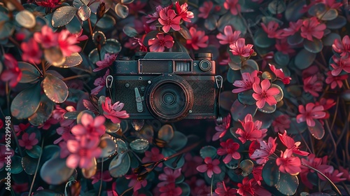 Photo Vintage Camera in Flowers and Plants Background

 photo