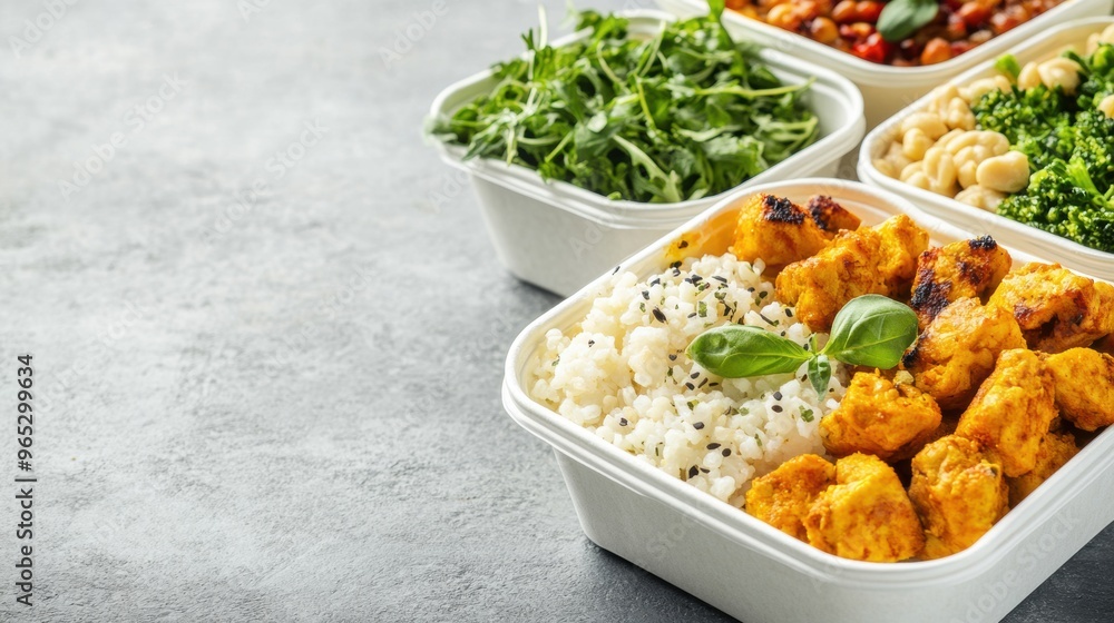 Delicious, nutritious takeaway food in containers features grilled chicken, rice, fresh greens, and assorted vegetables ready for a healthy meal Delicious, nutritious takeaway food in containers features grilled chicken, rice, fresh greens, and assorted vegetables ready for a healthy meal